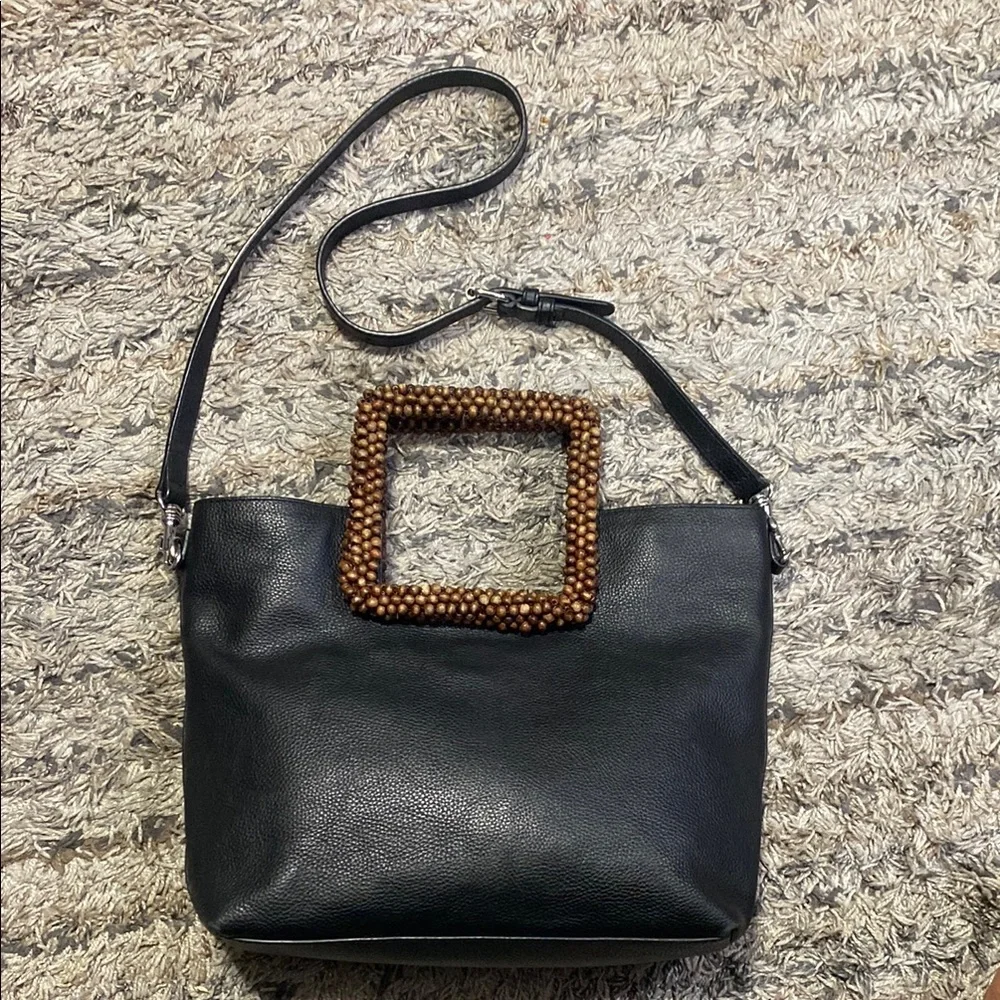 J.Jill Elegant Black pebbled Leather Bag with Wooden Handle - Picture 1 of 14